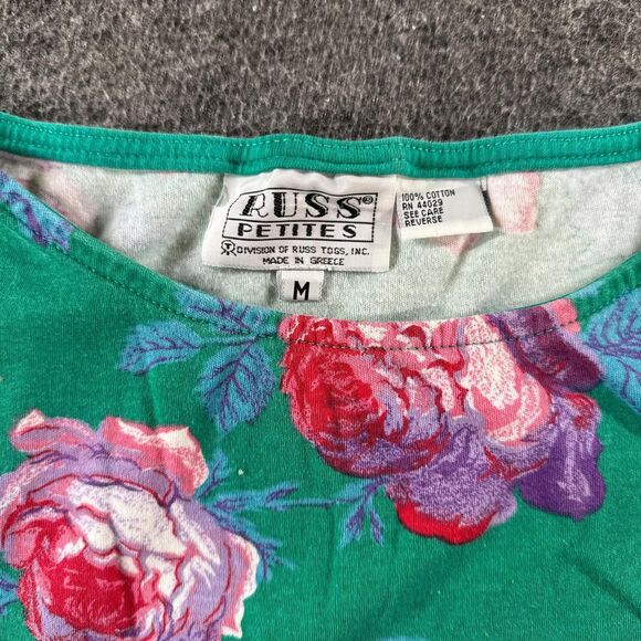 Vintage green floral cropped boxy tee Roses retro boho cottage tank Russ Petites - Picture 2 of 3